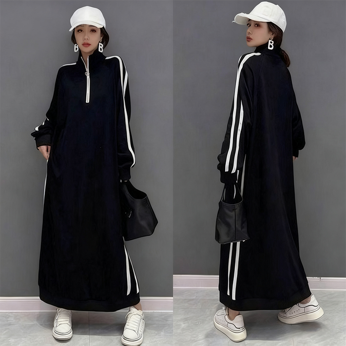 오스틱니 150kg까지 날씬해보이는 원피스 여성 가을 스트라이프 반집업 칼라 제인드 맨투맨 오버핏 이너 긴팔 캐주얼 패션 데일리 클래식배색 빅사이즈 오버사이즈 롱 원피스