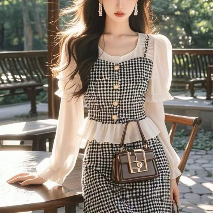 JIEVE 캐주얼세트 여성 봄가을 모던 체크 원피스 세트 Y070912