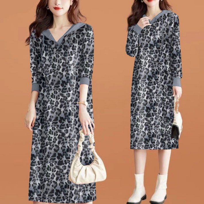 POMTOR 가을겨울 여성 빅사이즈 루즈핏 후드 미디 호피 패션 맨투맨 원피스