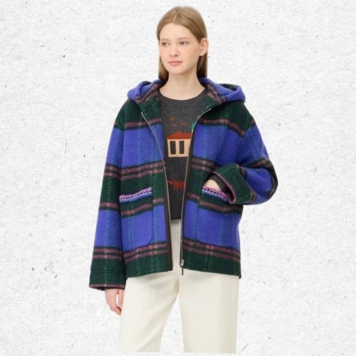 매장정품 베네통 BENETTON 체크 후드 집업 하프 코트BACT65461 1304978