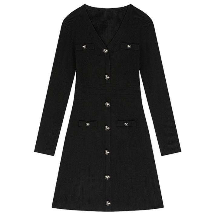 ELFSACK 블랙 V넥 니트 원피스 로우 라인 슬림핏 데이트룩데일리룩 추천 레이어드 원피스 키링 버튼 디테일 여성 트위드 원피스