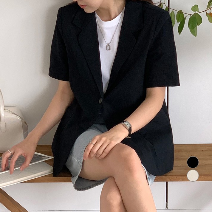 아피나르 여성용 루즈핏 린넨 라이크 반팔 자켓 아피나르 여성용 루즈핏 린넨 라이크 반팔 자켓