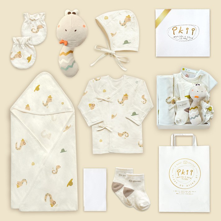 ikii 오가닉 배냇저고리 긴소매 7종 출산 선물세트 선물포장  쇼핑백