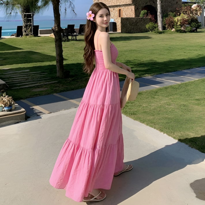 쁘띠엘라 휴양지 원피스 스모크밴딩 A라인 발목기장 빅사이즈 비치웨어