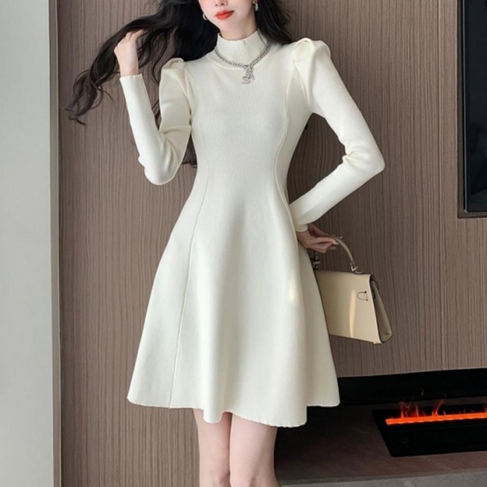 유일미니 어깨 연말룩 원피스 여성 레드 드레스 반폴라 셔링