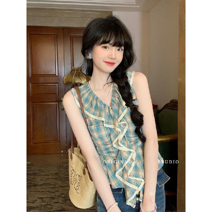해피유통 여성 여름 체크 무늬 민소매 러플 블라우스 캐주얼 스타일dxn