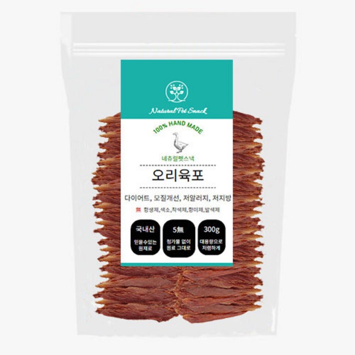 네츄럴펫스낵 국내산 안전한 무첨가 강아지 수제 간식, 1개, 300g, 오리육포