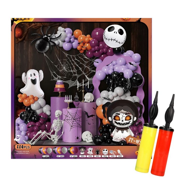 하트몽 할로윈 풍선 파티 장식 손펌프 세트, 1세트, 퍼플블랙 마녀유령세트 114pcs공기펌프 2개