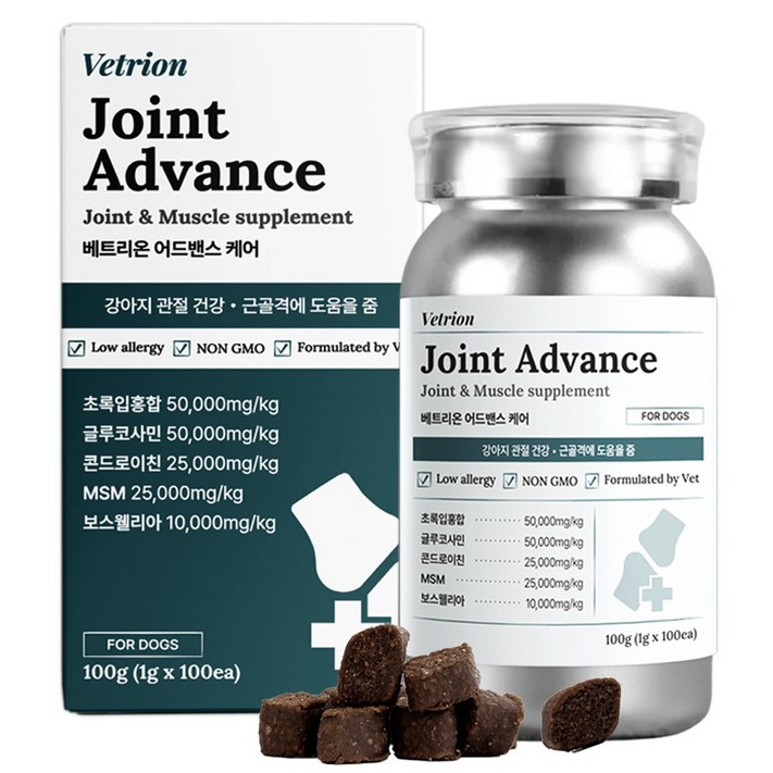 베트리온 조인트 어드밴스 강아지 관절 영양제 슬개골 탈구 노령견 초록입홍합 글루코사민 MSM, 1개, 뼈관절강화, 100정