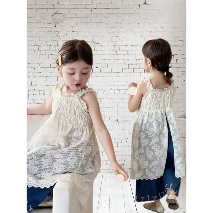 해피팡팡  여아 아동용 여름신상 민소매 펀칭원피스  자수 데님 팬츠 2종세트 로맨틱샤민소매펀칭원피스데님세트  2종set 여름 레이어드원피스 자수데님팬츠세트 외출복 휴가룩