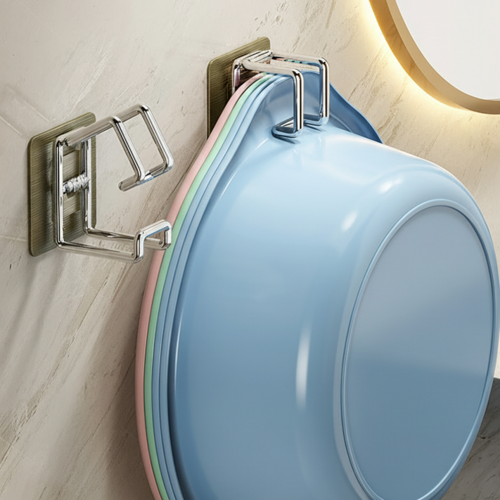 다용도 무타공 스테인리스 주방욕실 대야 수납용 벽걸이 후크 접이식 걸이 2P 세트