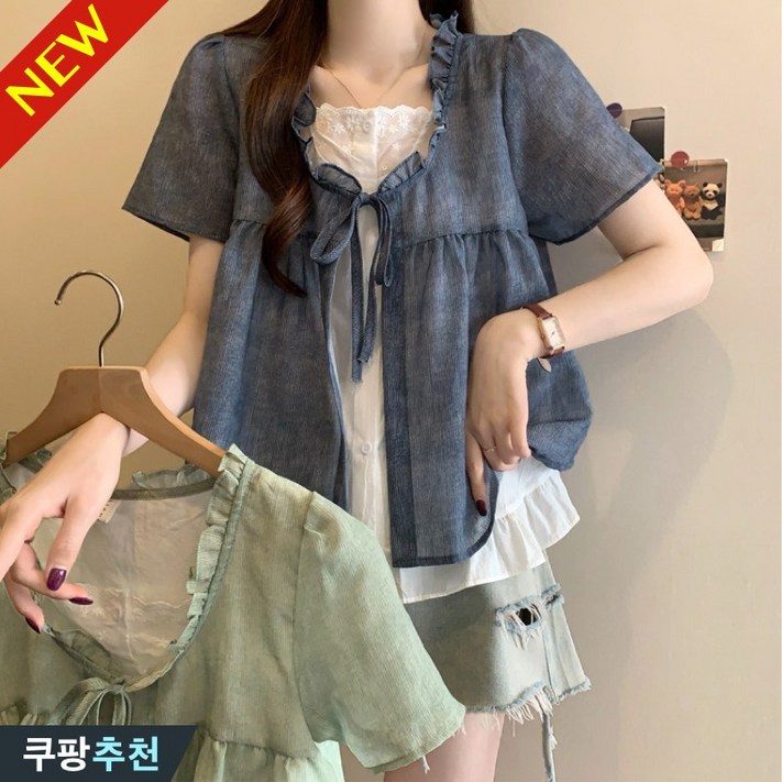 완전 추천 100kg까지 빅사이즈 여성 리본 포인트 프릴 패치워크 레이어드 반팔 블라우스 여름 편한 프렌치 러블리 예쁜 플레어 디자인 큰옷 플리츠 얇은 시원한 바캉스 브라우스
