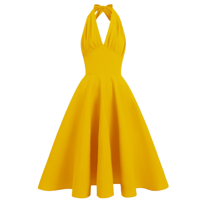 노란 라라랜드 원피스 햅번 복고풍 백리스 홀터넥 파티드레스 B25