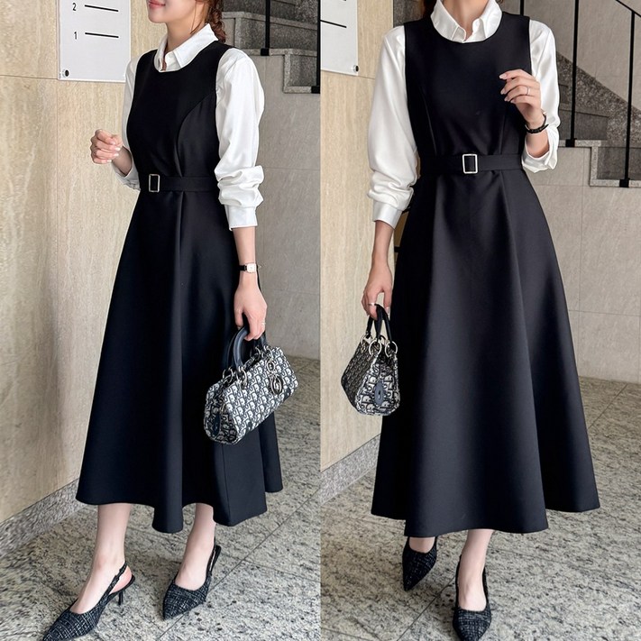 데일리앤 베를린 뷔스티에 플레어 벨트 세트 하객룩 원피스 지퍼 레이어드 봄 가을 사계절