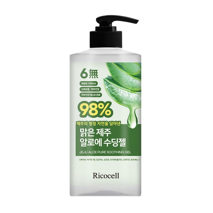 리코셀 맑은 제주 알로에 98 수딩젤 1000ml 저자극 대용량 수분 크림 진정, 1개, 1L