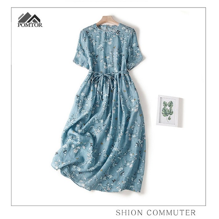POMTOR 여름 여성 빅사이즈 플라워 라운드넥 중년 원피스 반팔 미디 엄마옷