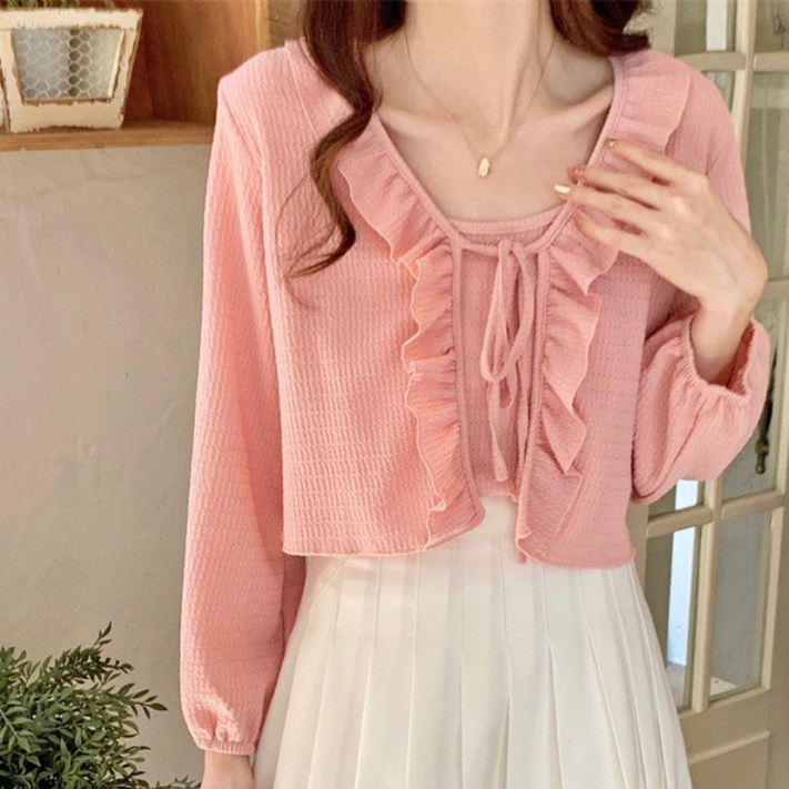 dulandQ 봄가을 여성 프릴 카라 데일리 슬림핏 니트 가디건 A35