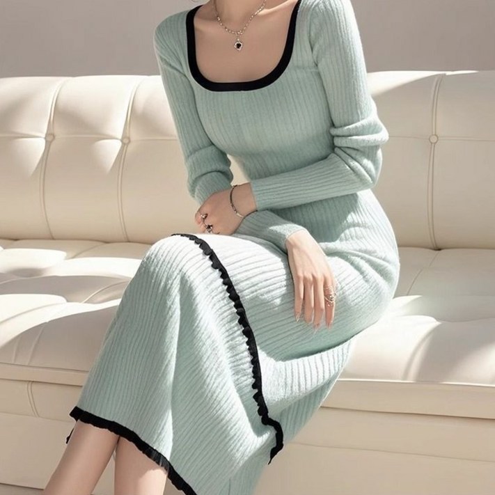 COSYEVNO  여성 봄가을 긴팔 니트 슬림 롱 원피스 스퀘어넥 배색 TZKzzlyq10