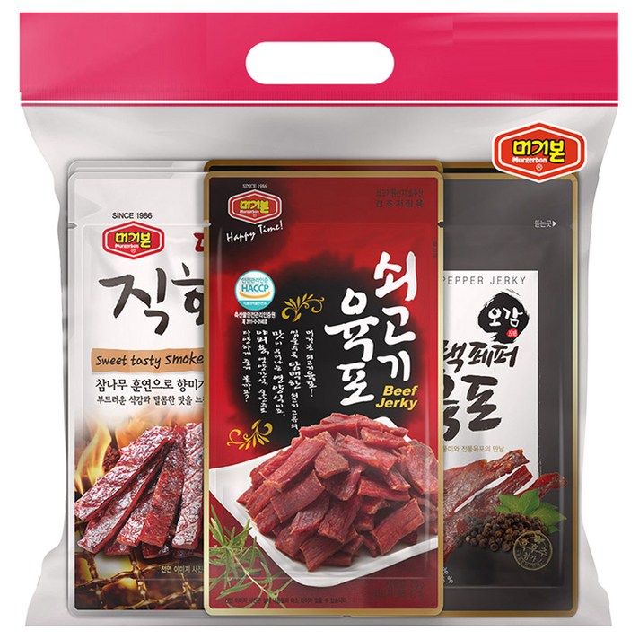 머거본 육포 6봉 세트, 쇠고기 육포 25g 2p + 달콤한 직화 육포 20g 2p + 오감 블랙페퍼 육포 25g 2p, 1세트