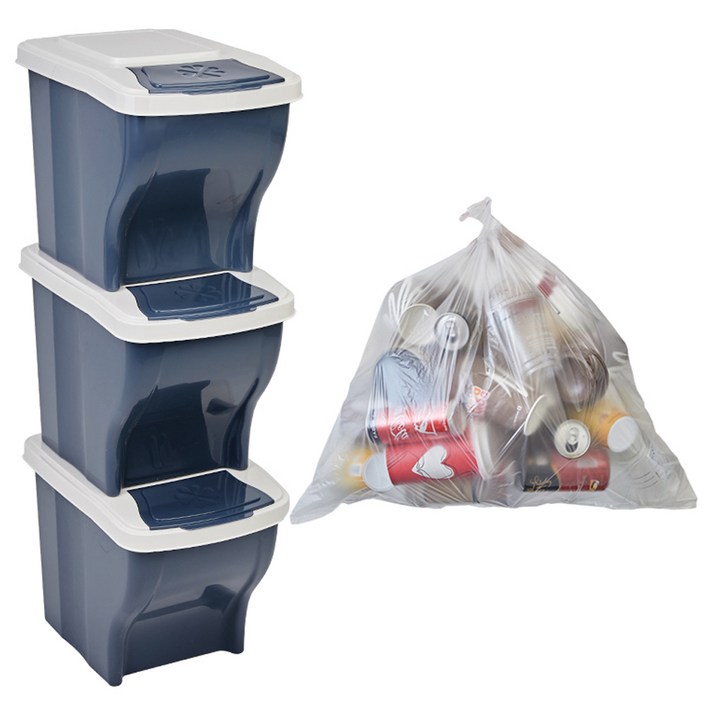 리벤스 가정용 분리수거함 3p + 분리수거 비닐봉투 40L 100p + 스티커, 애쉬블루, 1세트