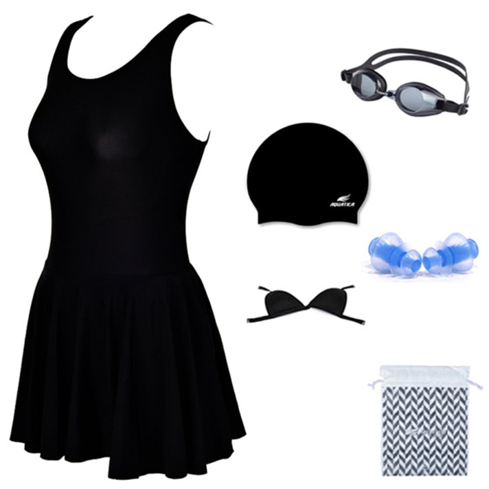 아쿠아티카 치마 원피스 수영복 AQA1404 + 일반용 수경 + 실리콘 수모 + 귀마개 + 언더브라 + 비닐백