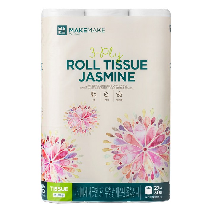 마케마케 재스민 무형광 3겹 롤화장지 27m, 30롤, 1팩
