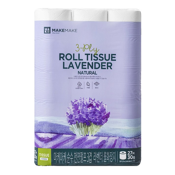 마케마케 라벤더 천연펄프 3겹 롤화장지 27m, 30롤, 1팩