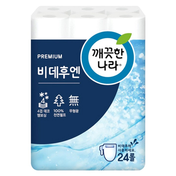 깨끗한나라 비데후엔 천연펄프 4겹 롤화장지 25 m, 24롤, 1개