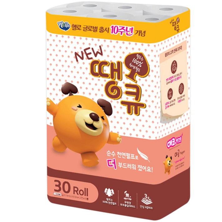헬로 뉴땡큐 3겹 롤화장지 18m, 30롤, 1팩