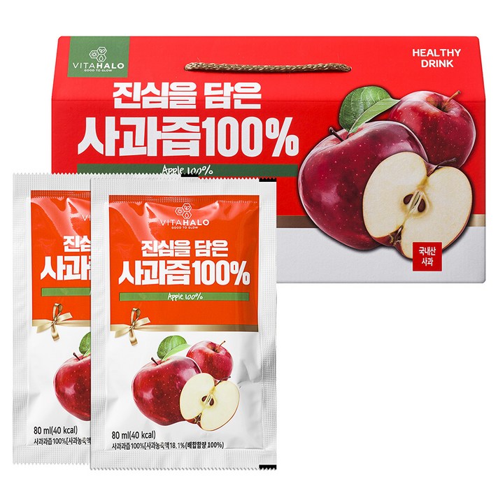 비타할로 진심을 담은 경북 프리미엄 능금 사과즙 100%, 80ml, 30개입