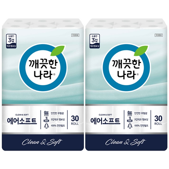 깨끗한나라 3겹데코 에어소프트 천연펄프 롤화장지 30m, 30롤, 2개