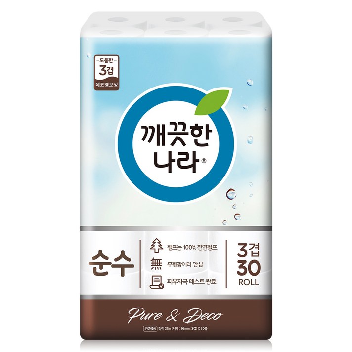 깨끗한나라 3겹순수 천연펄프 롤화장지 27 m, 30롤, 1개