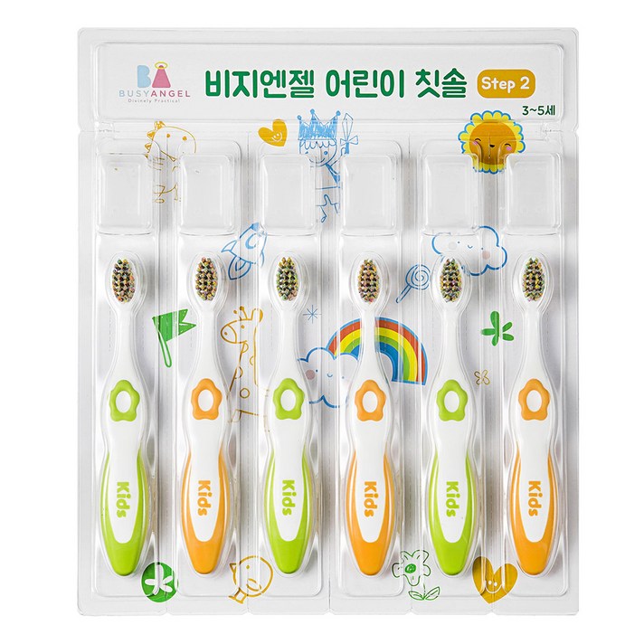 비지엔젤 유아 칫솔 2단계 + 캡 내장, 혼합 색상, 6개입