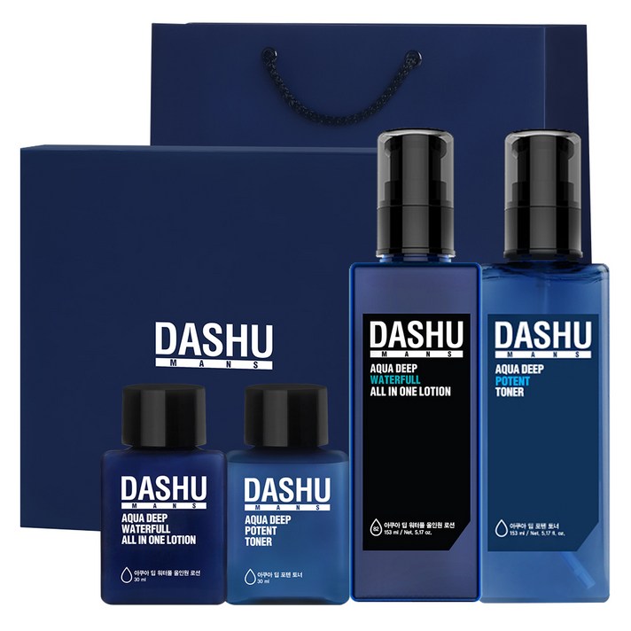 다슈 남성 아쿠아 스킨케어 기초 2종 세트 A 산뜻 피부 케어, 포텐 토너 153ml + 30ml + 올인원 로션 153ml + 30ml + 쇼핑백, 1세트