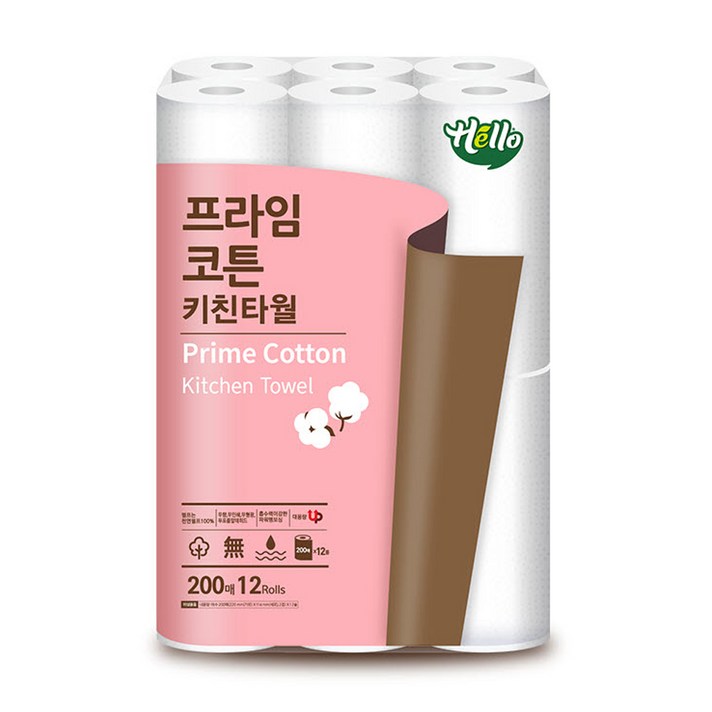 헬로 프라임코튼 천연펄프 키친타올 200매, 1개, 12개입