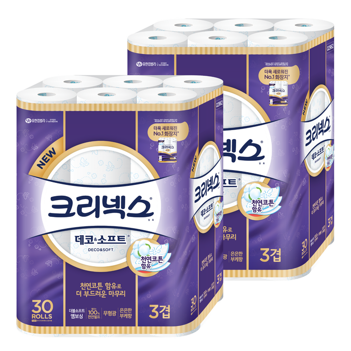 크리넥스 3겹 데코 & 소프트 화장지 27m, 30롤, 2개