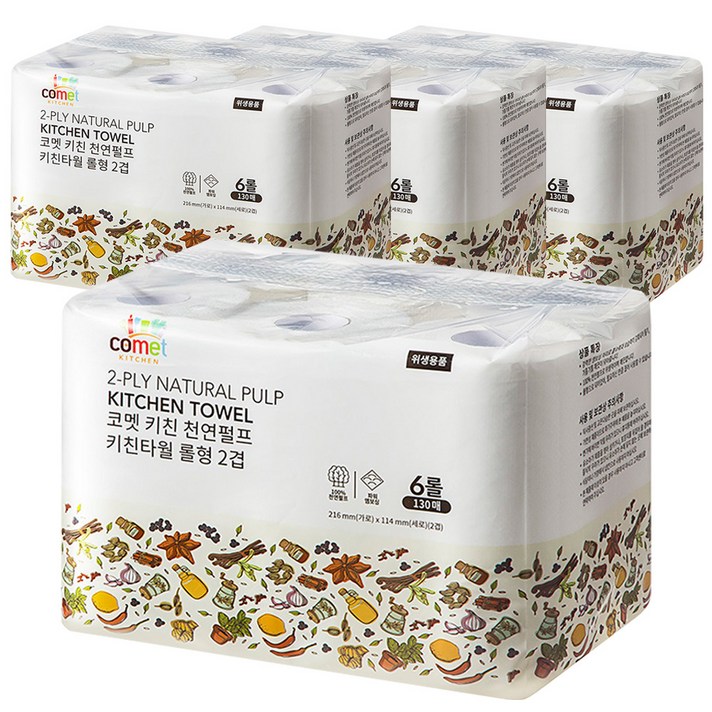 코멧 키친 천연펄프 키친타올 롤형 130매 2겹, 6롤, 4팩
