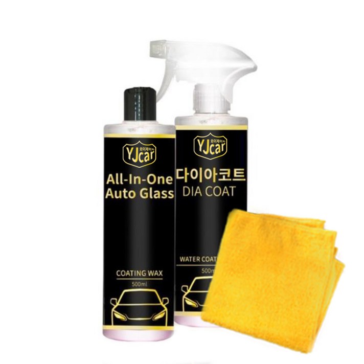 와이제이카 올인원 오토글라스 차량용 흠집제거제 500ml + 다이아코트 차량용 표면코팅제 500ml + 극세사 타올 2p 세트, 1세트