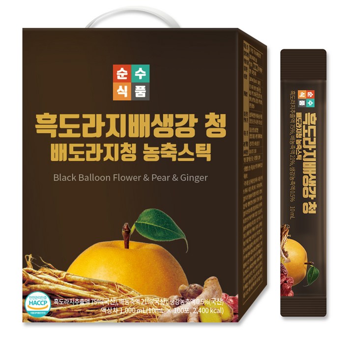 순수식품 흑도라지 배 생강 청 스틱, 10ml, 100개