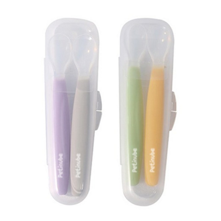쁘띠누베 실리콘 이유식스푼 + 케이스 세트, GRAY, PURPLE, GREEN, YELLOW, 2세트