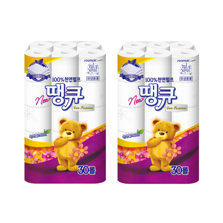 땡큐 데코3겹 천연펄프 롤화장지 30m, 30롤, 2팩