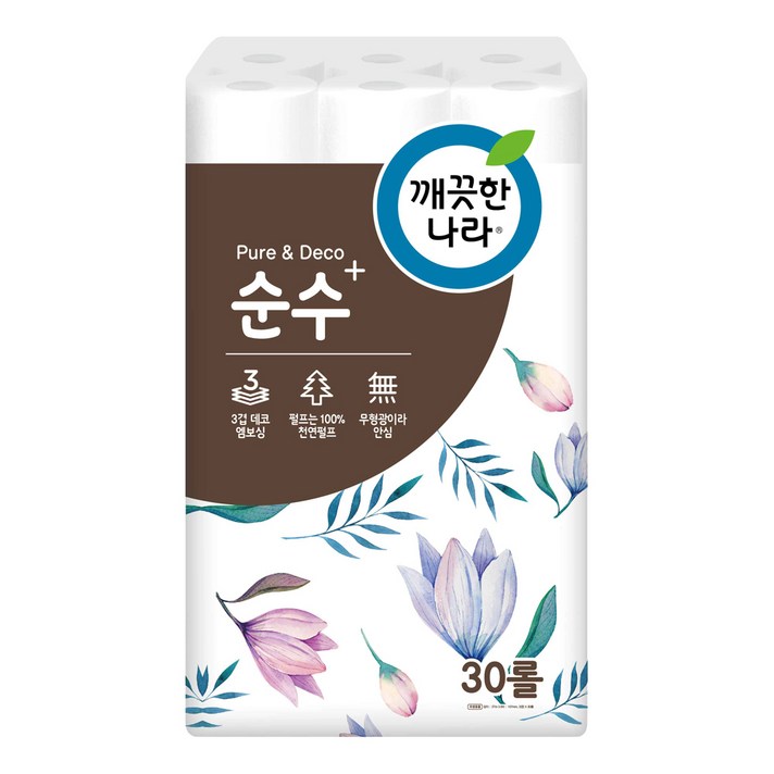 깨끗한나라 퓨어앤데코 순수플러스 천연펄프 롤화장지 27 m, 30롤, 1개