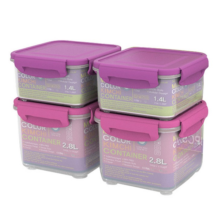 제오닉 바이오볼트 멀티 컬러 정사각 김치통 밀폐용기 세트 3호, 1세트, 밀폐용기 1.4L x 2p + 2.8L x 2p