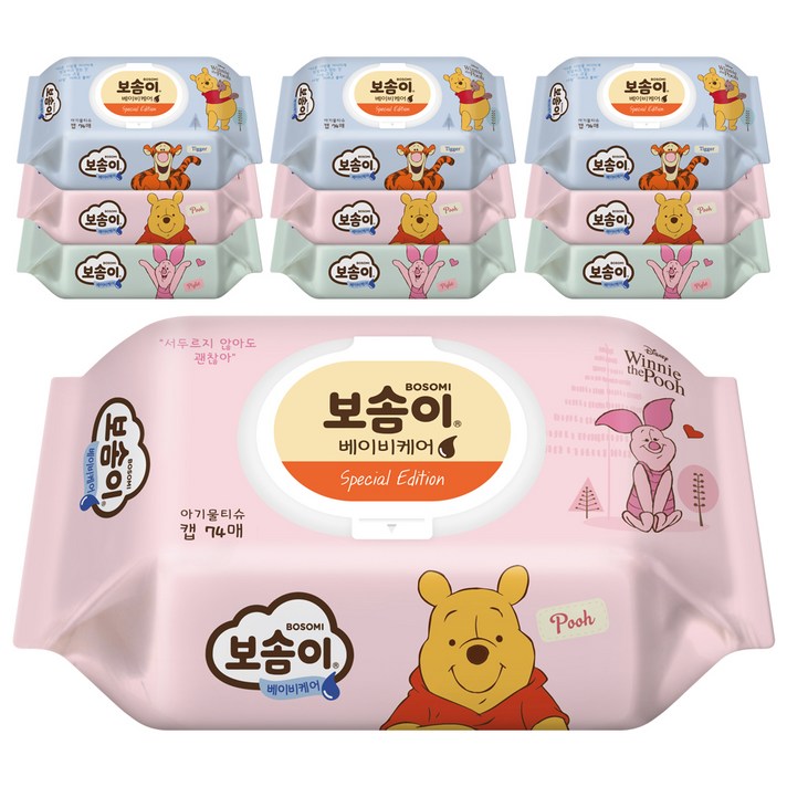 보솜이 베이비케어 푸 물티슈 캡형 랜덤 발송, 74매, 10팩