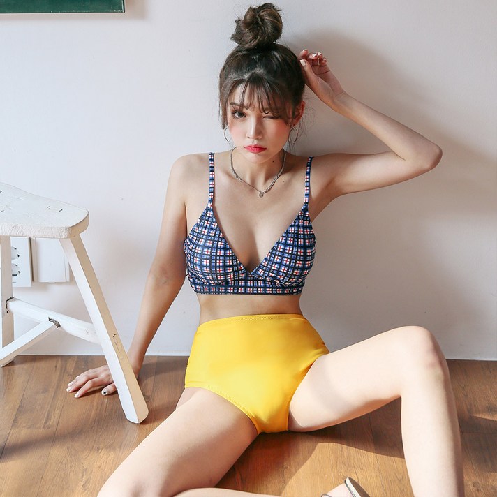 벤디스 챠챠 체크 하이웨스트 비키니 원피스 수영복 F322, 블루