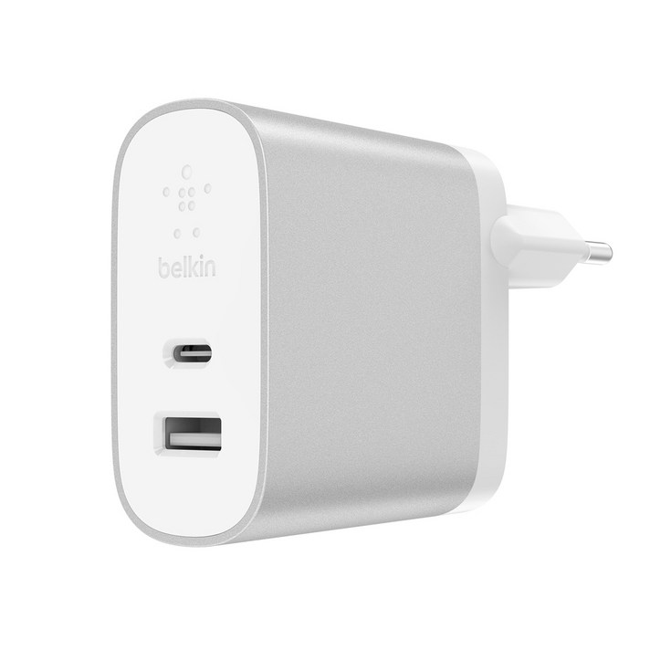 벨킨 UAB A포트 27W + USB C타입 포트 12W 듀얼 가정 고속 충전기 F7U061kr-SLV, 실버, 1개