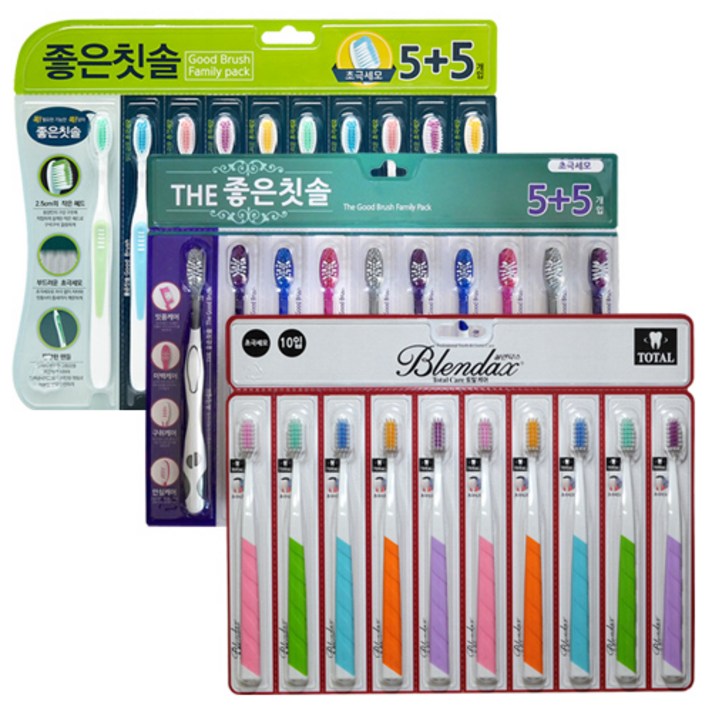 바른생활 초극세모 좋은칫솔 10p + 더좋은칫솔 10p + 블렌탁스 토탈케어 칫솔 10p, 1세트