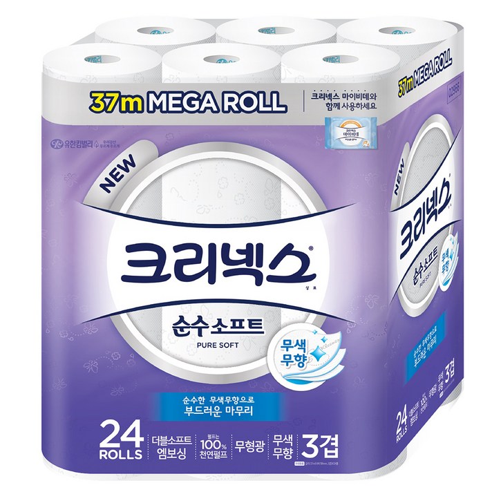 크리넥스 3겹 순수소프트 화장지 37m, 24롤, 1개
