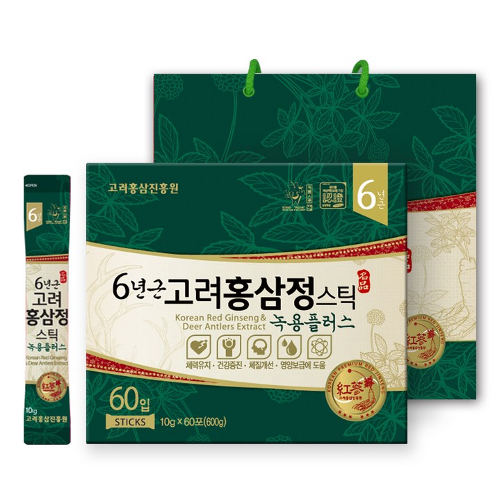 고려홍삼진흥원 6년근홍삼정 녹용플러스 스틱 더블 컴팩트형 + 쇼핑백, 10g, 60개