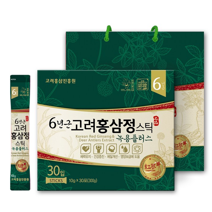 고려홍삼진흥원 6년근 홍삼정 녹용플러스 스틱 컴팩트형 + 쇼핑백, 10g, 30개